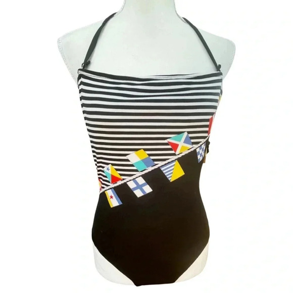 Vintage 80s Gitano “Sun Kiss” Nautical Flags Halter One-Piece Swimsuit - Picture 2 of 6